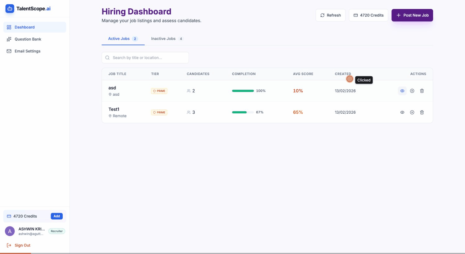 TalentScope AI platform demo showing the hiring dashboard, question bank manager, and candidate assessment features